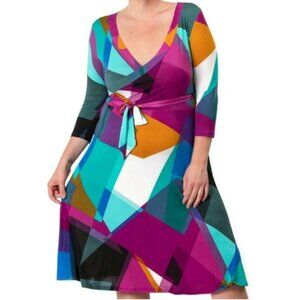 Janette Fashion Purple Patches Faux Wrap Knee Length Plussize Dress